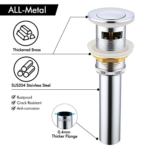 KES Bathroom Sink Drain with Overflow Vessel Sink Lavatory Vanity Pop Up Drain Stopper Polished Chrome Finish, S2007A-CH