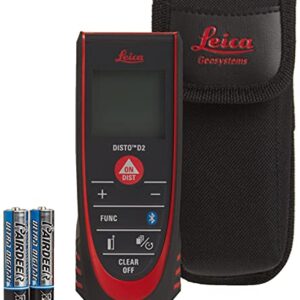 Leica 838725 DISTO D2 New 330ft Laser Distance Measure with Bluetooth 4.0, Black/Red, 1.7 x 1 x 4.6 inches