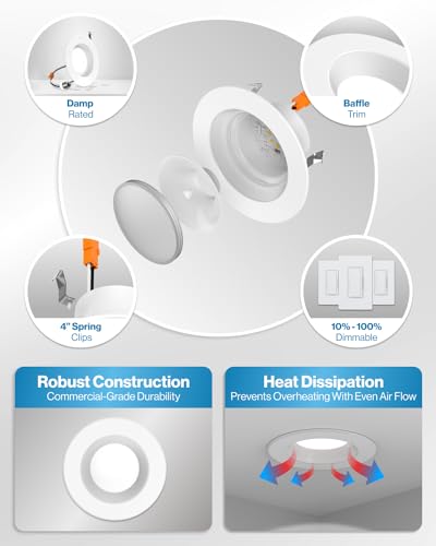 Sunco 10 Pack Retrofit LED Recessed Lighting 4 Inch, 5000K Daylight, Dimmable Can Lights, Baffle Trim, 11W=60W, 660 LM, Damp Rated - ETL