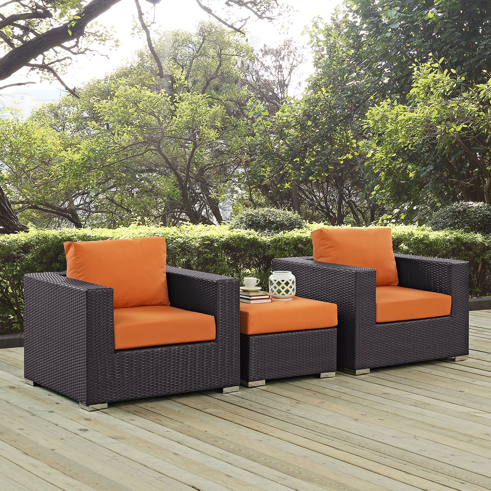Modway Convene Wicker Rattan 3-Piece Outdoor Patio Furniture Set in Espresso Orange