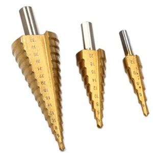 Chiloskit 3 Pcs Large HSS Steel Step Cone Drill Titanium Bit Set Step Drills Set for Metal Wood Drilling Hole Cutter, 4-12/20/32mm Dint