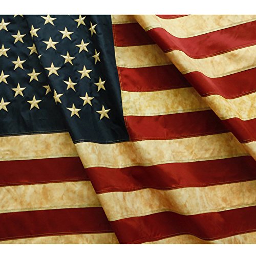 ANLEY Vintage Style Tea Stained American US Flag 3x5 Foot Nylon - Embroidered Stars and Sewn Stripes - 4 Rows of Lock Stitching - Antiqued USA Banner Flags with Brass Grommets 3 X 5 Ft