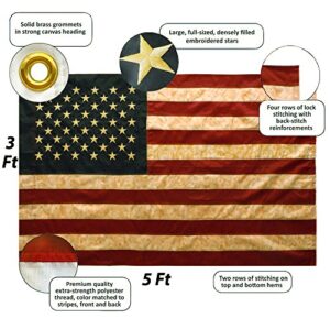 ANLEY Vintage Style Tea Stained American US Flag 3x5 Foot Nylon - Embroidered Stars and Sewn Stripes - 4 Rows of Lock Stitching - Antiqued USA Banner Flags with Brass Grommets 3 X 5 Ft