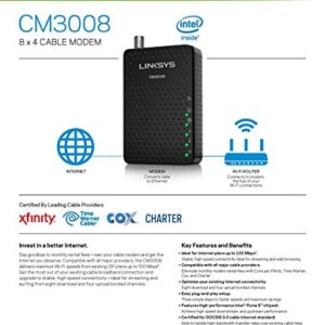 Linksys DOCSIS 3.0 8x4 Cable Modem Certified with Comcast Xfinity, Spectrum, Cox (CM3008)