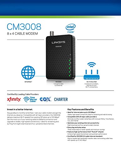 Linksys DOCSIS 3.0 8x4 Cable Modem Certified with Comcast Xfinity, Spectrum, Cox (CM3008)