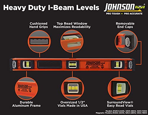 Johnson Level & Tool 1254-2400 Magnetic Heavy Duty I-Beam Aluminum Level, 24", Orange, 1 Level