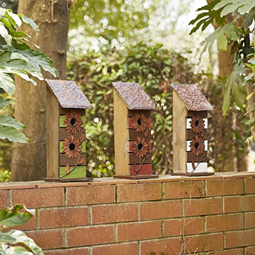 Glitzhome 14.5" H Wooden Garden Bird House Hanging Two-Tiered Distressed with Flowers Decorative Birdhouse