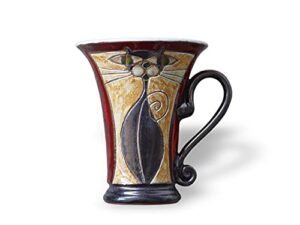 pottery coffee mug, cat mug, red mug with unique hand painted decoration