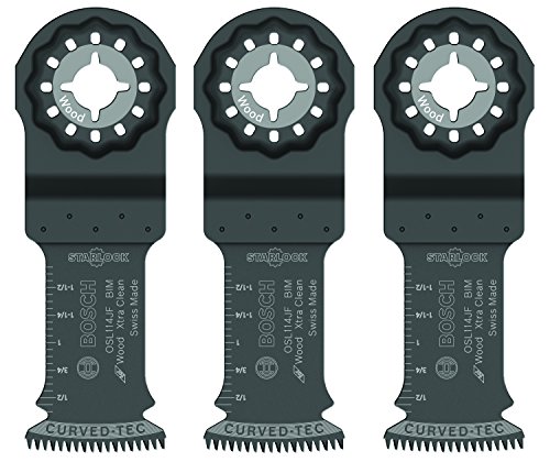 BOSCH OSL114JF-3 3-Pack 1-1/4 In. Starlock Oscillating Multi Tool Wood Curved-Tec Bi-Metal Xtra-clean Plunge Cut Blades for Applications in Cutting Wood, Hardwood, Laminate