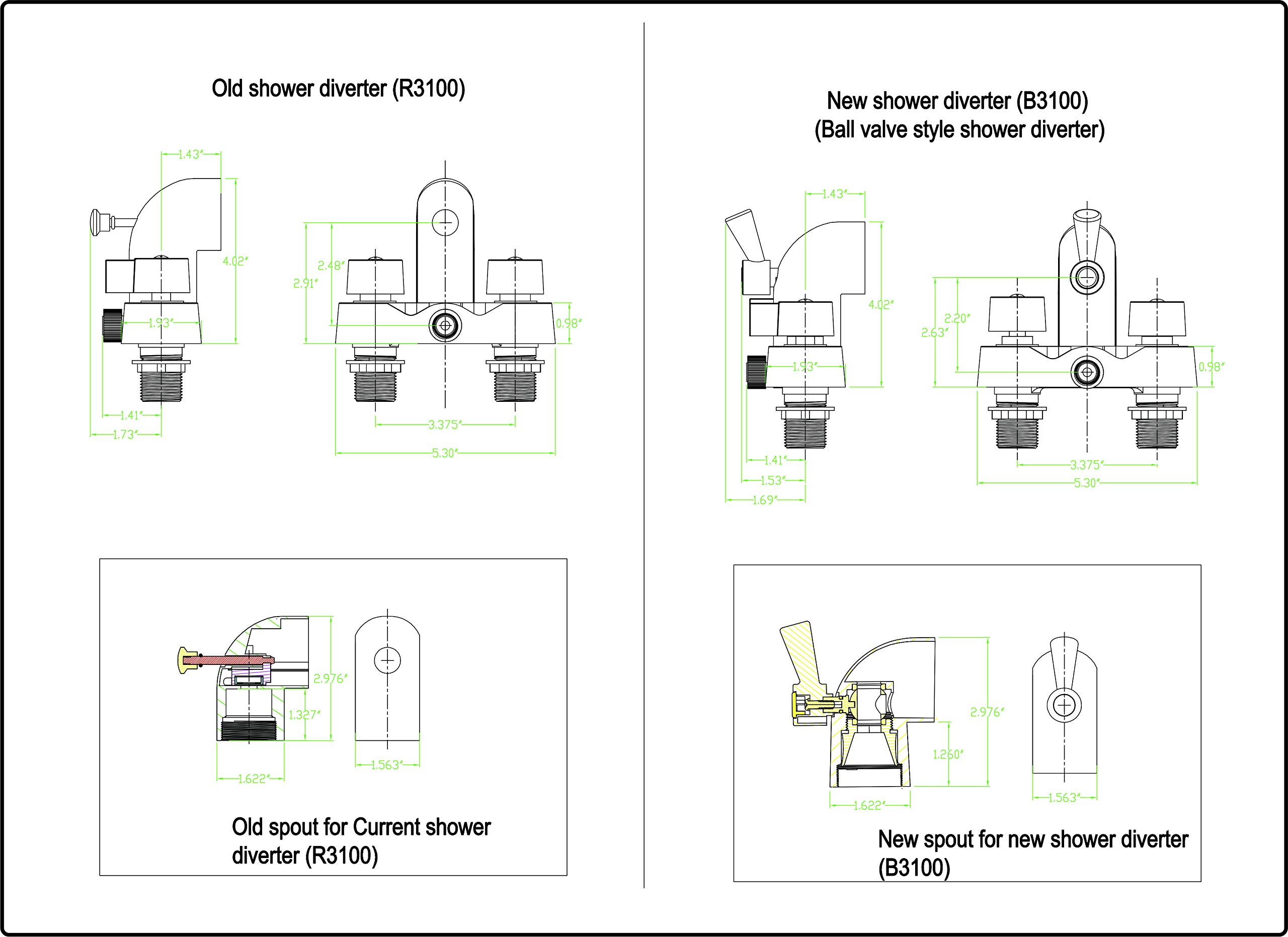 My PlumbingStuff B3100 3 ⅜-Inch Centers Clawfoot Tub Faucet with Ceramic Cartridges & ¼-Turn Ball-Valve Diverter - Diverter Bathcock - Faucet Replacement - Solid-Brass Chrome-Plated - ¾ Male IPS Inlet