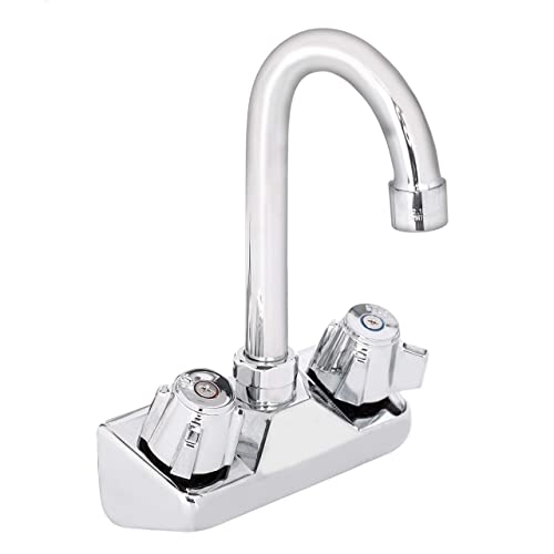 Kitchen Sink Faucet Wall Mount - DuraSteel 4" Center Commercial Kitchen Sink Faucet with 3-1/2" Gooseneck Spout - Dual Knob Handles - Brass Constructed & Chrome Polished