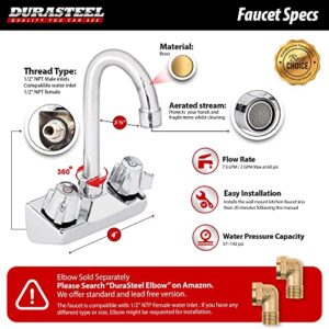 Kitchen Sink Faucet Wall Mount - DuraSteel 4" Center Commercial Kitchen Sink Faucet with 3-1/2" Gooseneck Spout - Dual Knob Handles - Brass Constructed & Chrome Polished