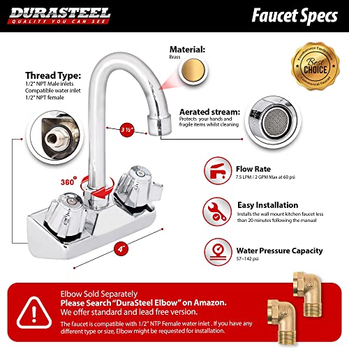Kitchen Sink Faucet Wall Mount - DuraSteel 4" Center Commercial Kitchen Sink Faucet with 3-1/2" Gooseneck Spout - Dual Knob Handles - Brass Constructed & Chrome Polished