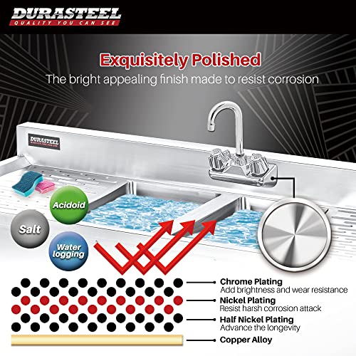 Kitchen Sink Faucet Wall Mount - DuraSteel 4" Center Commercial Kitchen Sink Faucet with 3-1/2" Gooseneck Spout - Dual Knob Handles - Brass Constructed & Chrome Polished
