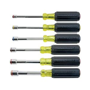 klein tools 635-6 tool set, heavy duty magnetic nut drivers sae sizes 1/4, 5/16, 3/8, 7/16, 1/2, and 9/16-inch hex, 6-inch, 6-piece