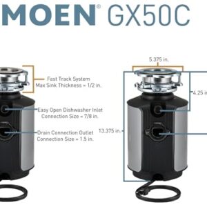 Moen GX50C Disposer Prep Series 1/2 HP Continuous Feed Garbage Disposal with Sound Reduction, Power Cord Included