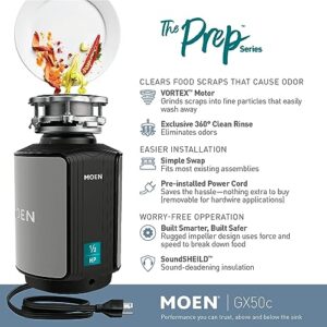 Moen GX50C Disposer Prep Series 1/2 HP Continuous Feed Garbage Disposal with Sound Reduction, Power Cord Included