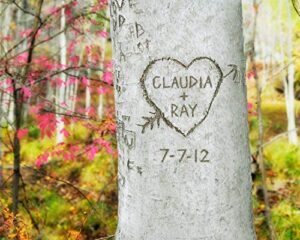 woodland carved heart tree personalized print