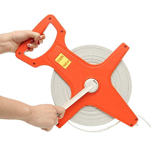 Katzco 300 Feet (100 Meters) Open Reel Measure Tape with Retractable Blade - Open Tape Measure for Track and Field, Long Jump, Construction, Workshop, Projects, Crafts - Dual-Sided Measuring Reel