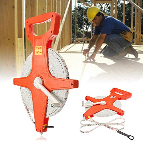 Katzco 300 Feet (100 Meters) Open Reel Measure Tape with Retractable Blade - Open Tape Measure for Track and Field, Long Jump, Construction, Workshop, Projects, Crafts - Dual-Sided Measuring Reel