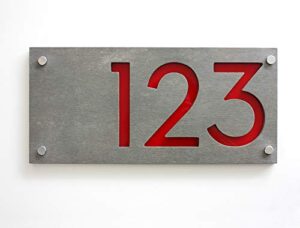 modern house numbers - rectangle concrete with red acrylic - contemporary home address - sign plaque - door number - hotel room numbers - apartment number