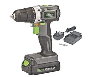 genesis glcd2038a 20v lithium-ion battery-powered cordless variable speed drill driver with 3/8" chuck, built-in led work light, 20v battery, charger and double-ended screwdriver bit, grey/black/green