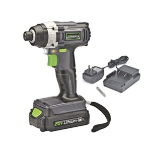 genesis glid20a 20 volt lithium-ion battery-powered cordless variable speed impact driver with 1/4" collet , built-in led work light, 20v battery, charger and screwdriver bit