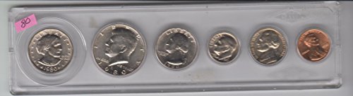 1980 Birth Year Coin Set (6) Coins Dollar, half Dollar, Quarter, Dime, Nickel, and Cent - all dated 1980 and Encased in a Plastic Display Holder Uncirculated