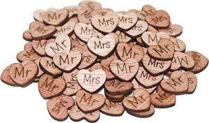 100 mr mrs wooden hearts - wood table confetti, embellishments, scatters, invitations, table decor, rustic weddings and events