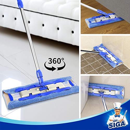 MR.SIGA Professional Microfiber Mop for Hardwood, Laminate, Tile Floor Cleaning, Stainless Steel Handle - 3 Reusable Flat Mop Pads and 1 Dirt Removal Scrubber Included