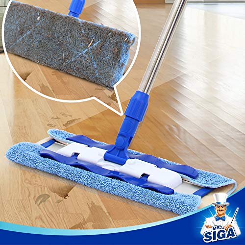 MR.SIGA Professional Microfiber Mop for Hardwood, Laminate, Tile Floor Cleaning, Stainless Steel Handle - 3 Reusable Flat Mop Pads and 1 Dirt Removal Scrubber Included