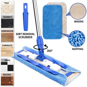 MR.SIGA Professional Microfiber Mop for Hardwood, Laminate, Tile Floor Cleaning, Stainless Steel Handle - 3 Reusable Flat Mop Pads and 1 Dirt Removal Scrubber Included