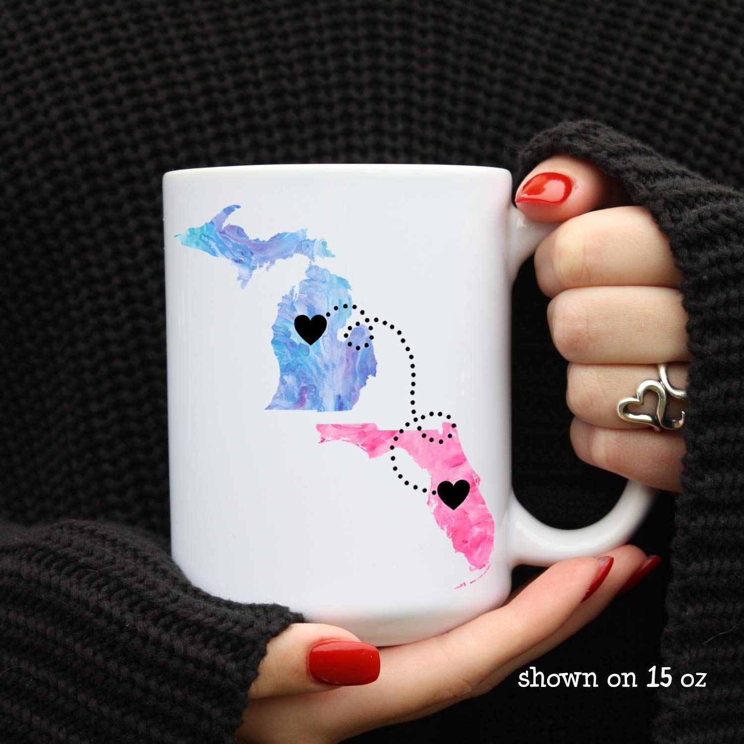 Mom, Personalized Long Distance Coffee Mug, Mother's Day Gift, States with hearts over Cities, 11oz or 15oz