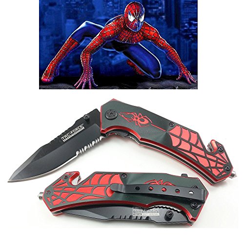 Spider Man 8 Inch Spring Assisted Pocket Knife With Glass Breaker + Belt Cutter