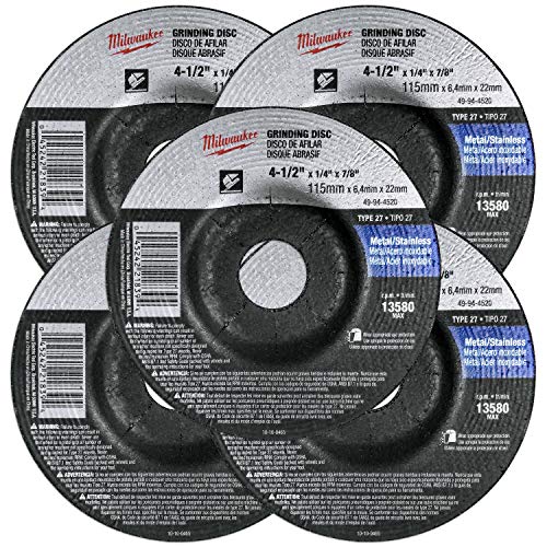 Milwaukee 5 Pack - 4 1 2 Grinding Wheel For Grinders - Aggressive Grinding For Metal & Stainless Steel - 4-1/2" x 1/4 x 7/8-Inch | Depressed