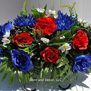 Summer Patriotic Cemetery Flowers with Red Roses, Blue Spider Mums, Blue Roses, and White Forget-me-nots headstone saddle arrangement