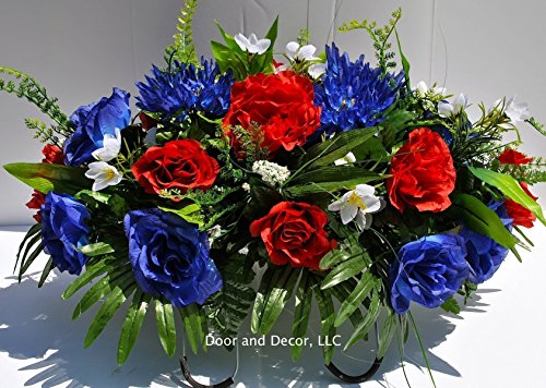 Summer Patriotic Cemetery Flowers with Red Roses, Blue Spider Mums, Blue Roses, and White Forget-me-nots headstone saddle arrangement