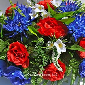 Summer Patriotic Cemetery Flowers with Red Roses, Blue Spider Mums, Blue Roses, and White Forget-me-nots headstone saddle arrangement