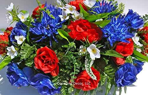 Summer Patriotic Cemetery Flowers with Red Roses, Blue Spider Mums, Blue Roses, and White Forget-me-nots headstone saddle arrangement