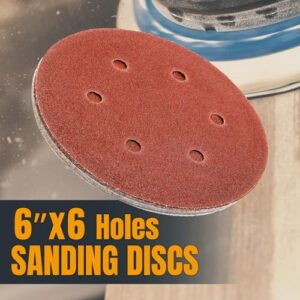 POWERTEC 45204, 40 Grit, 6 Inch 6 Hole Hook and Loop Sanding Discs, Sandpaper for Random Orbital Sander, Air Sander, Pneumatic Sander, Dual Action Sander, 25PK