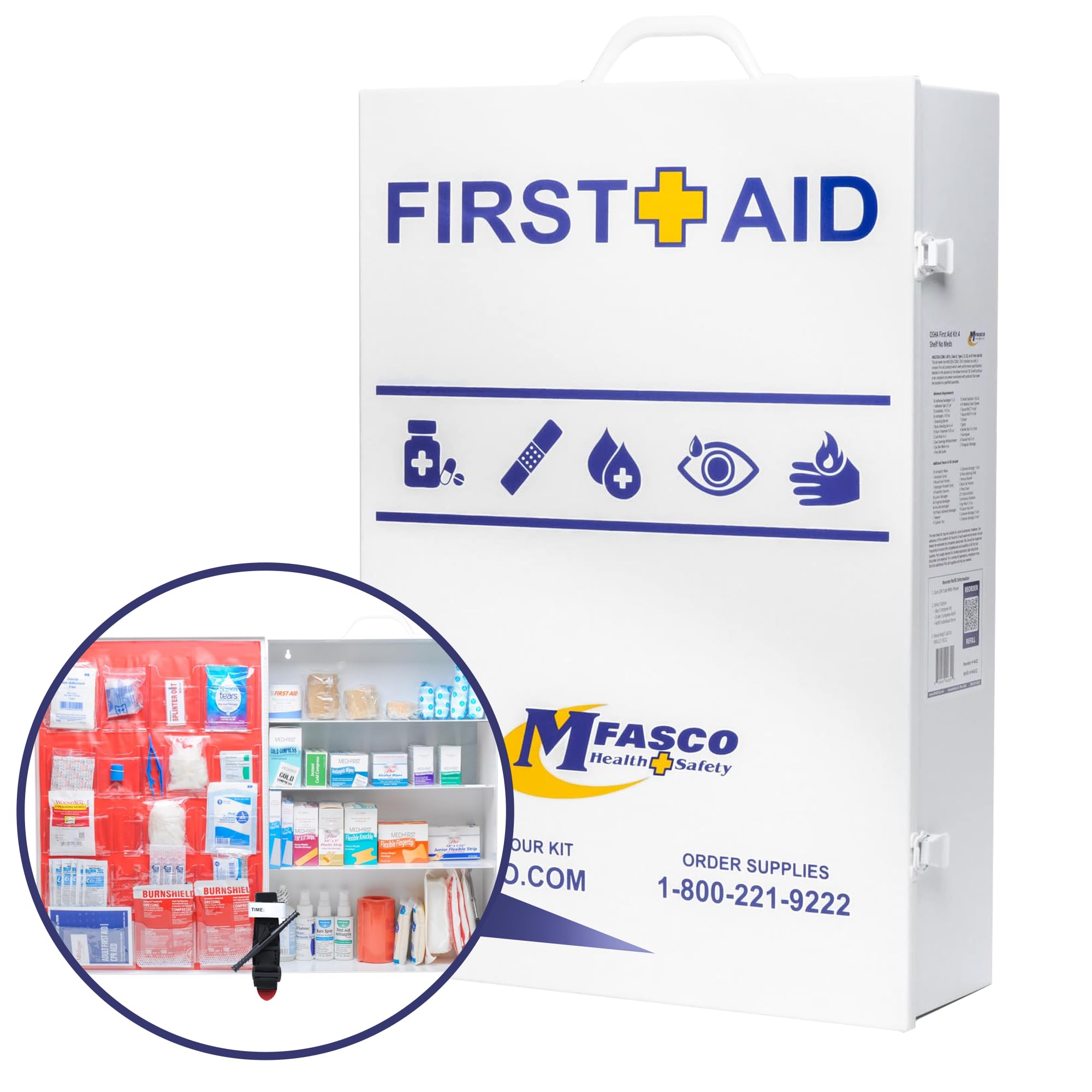 MFASCO Commercial First Aid Kit - Large 520 Piece, Metal First Aid Box for Businesses, Wall Mount First Aid Cabinet with 4 Shelf Refill, 2021 ANSI/OSHA Compliant, Ideal for Office Use - No Medications