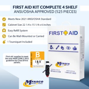 MFASCO Commercial First Aid Kit - Large 520 Piece, Metal First Aid Box for Businesses, Wall Mount First Aid Cabinet with 4 Shelf Refill, 2021 ANSI/OSHA Compliant, Ideal for Office Use - No Medications