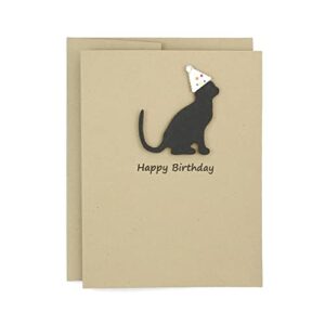 black cat birthday card | handmade single greeting card | cat silhouette with party hat notecard with envelope