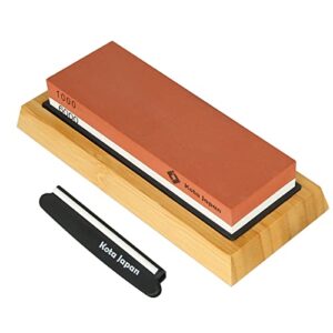 kota japan 1000-grit coarse side and 6000-grit polishing side knife sharpening whetstone with bamboo base and blade guide