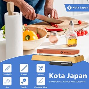 Kota Japan 1000-grit Coarse Side and 6000-grit Polishing Side Knife Sharpening Whetstone with Bamboo Base and Blade Guide