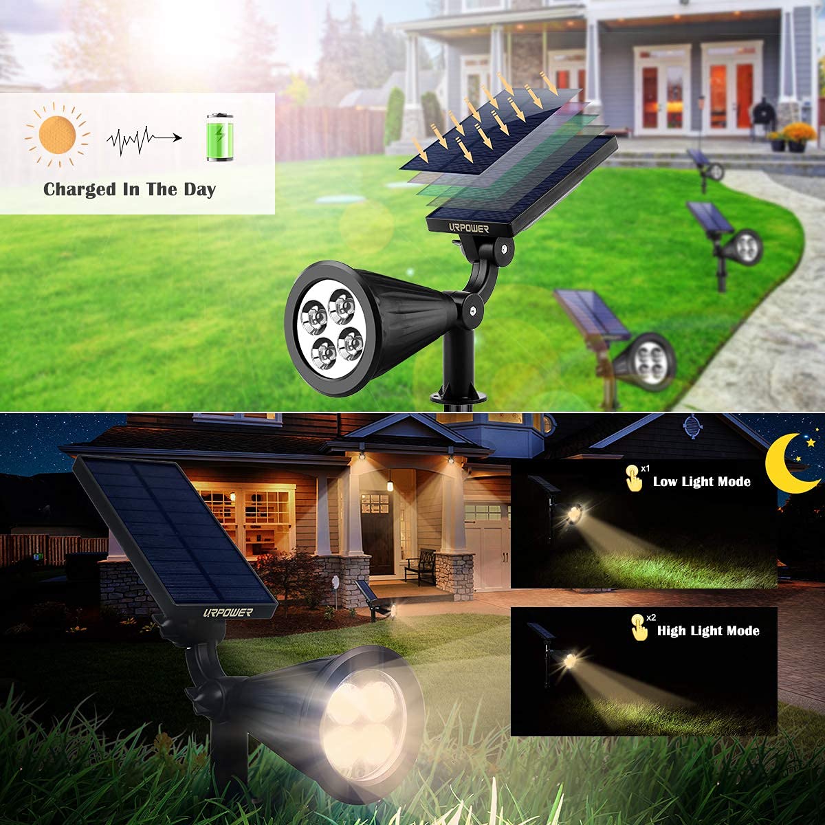 URPOWER Solar Lights Outdoor, Adjustable Solar Spot Lights Outdoor, 2-in-1 Waterproof Solar Landscape Spotlights Wall Light, Dusk-to-Dawn Solar Powered Outdoor Light for Garden, Yard (2 Pack Warm)