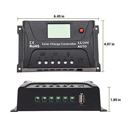 HQST 20Amp 12V/24V PWM Solar Charge Controller Regulator with LCD Display, USB-A Port, Compatible with Sealed, Flooded Lead-Acid Batteries