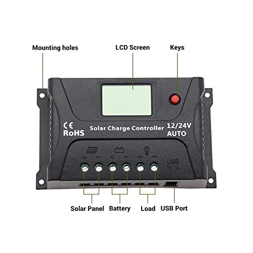 HQST 20Amp 12V/24V PWM Solar Charge Controller Regulator with LCD Display, USB-A Port, Compatible with Sealed, Flooded Lead-Acid Batteries