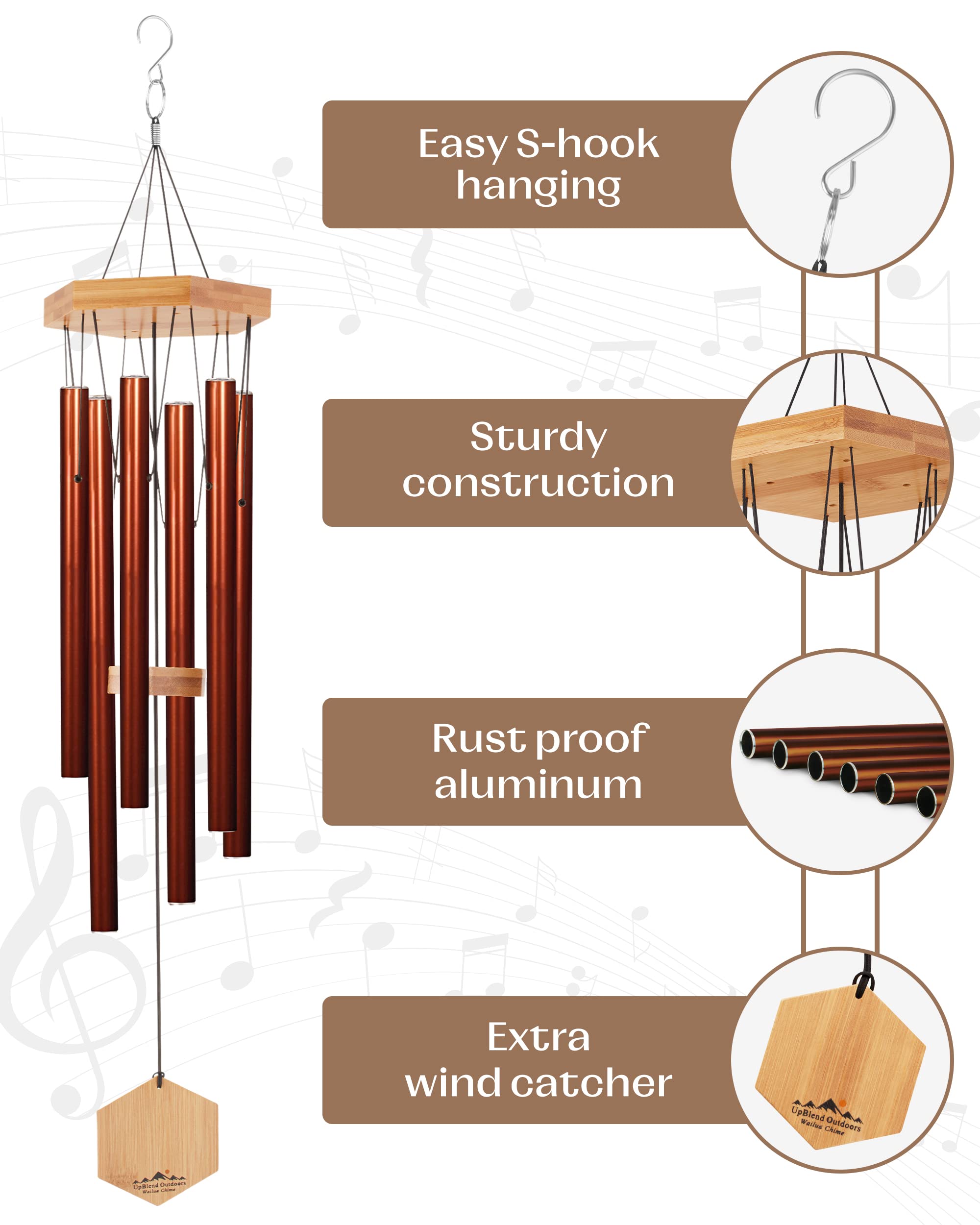 UpBlend Outdoors Wind Chimes for Outside - 29" Copper-Red Wind Chime Outdoor, Zen Garden Chimes for Outdoors, Tin Windchime, Decor Windchimes for Mom, Grandma, Gifts for Her