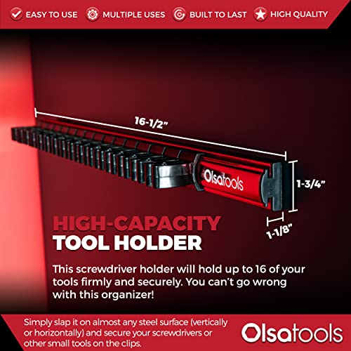 Olsa Tools Magnetic Screwdriver Organizer | Professional Quality Tool Holder | Fits up to 16 Screwdrivers | Red